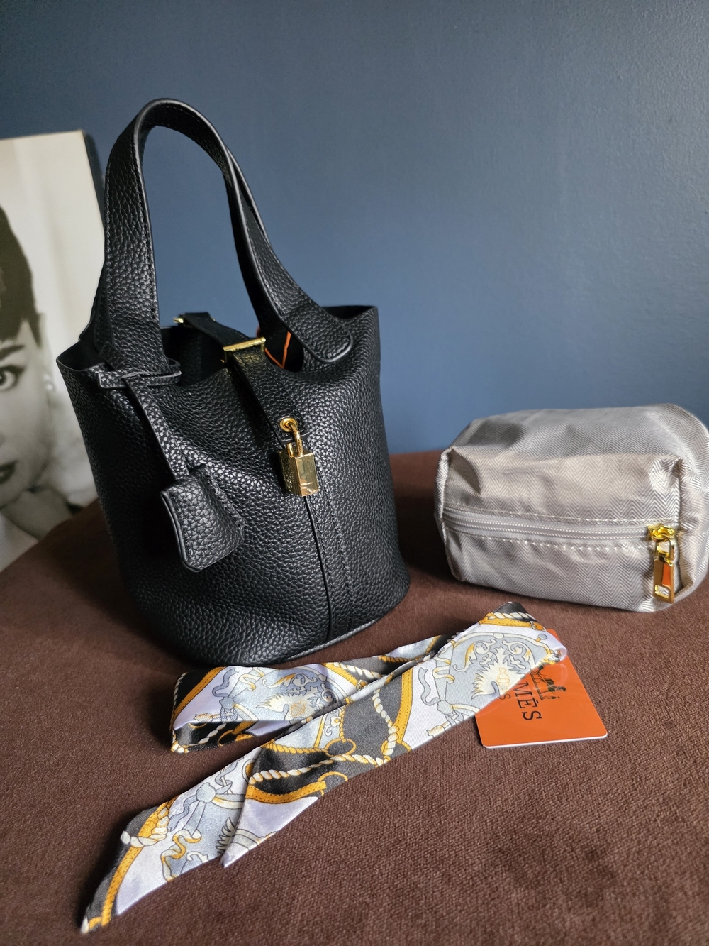 H Picotin Inspo Black Pebbled Leather Mini Bucket Bag with Gold Hardware